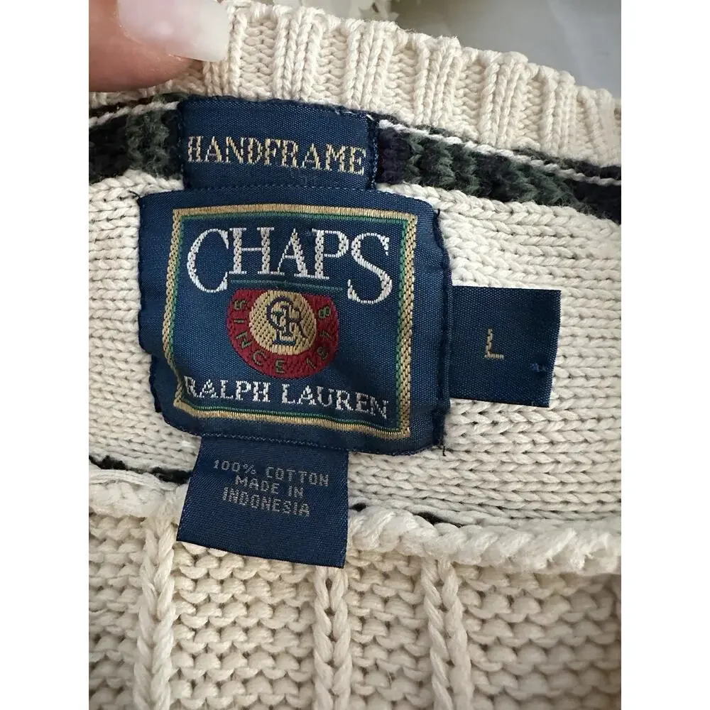 VTG Ralph Lauren CHAPS Large HANDFRAME Cream V Neck Cable Knit Sweater Preppy